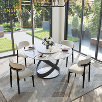 Moderner Beiger Marmor Runder Esstisch mit Lazy Susan Drehplatte Eisenrahmen Metallbeine 6-Sitzer für Heim- und Restaurantnutzung