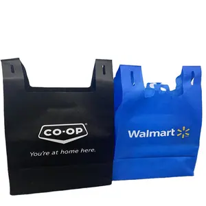 Grosir kustom dapat digunakan kembali tanpa anyaman lipat belanja Walmart T-Shirt tote dengan bawah tas rompi untuk supermarket belanja