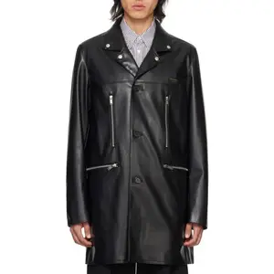 Black Zip Pockets Faux-Leather Coat High quality fashion design custom Buffed faux-leather coat men
