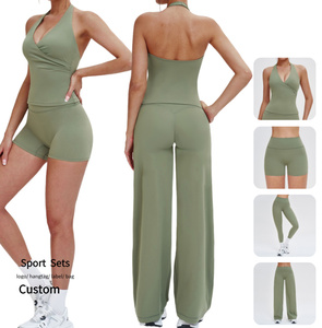 NCLAGEN Vêtements de sport respirants à séchage rapide pour femmes Ensembles de vêtements de sport à col halterneck ajustés Ensembles d'<span class=keywords><strong>exercice</strong></span> Logo personnalisé Ensembles de vêtements de yoga actifs - Product Image 1