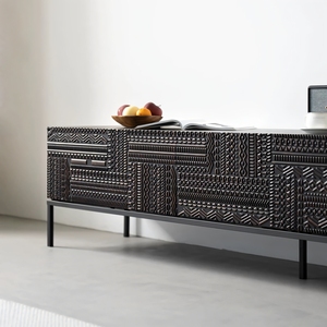 Meuble TV rétro armoire de rangement en bois massif lumière intégrée luxe haut de gamme petit appartement armoire latérale noire au sol - Product Image 3