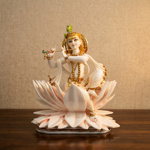 Nirmala Handicrafts Handcrafted Resin Framed Lord Krishna Lotus <b>Statue</b> | White <b>Gold</b> Traditional Krishna Idol Home Office - Product Image 1