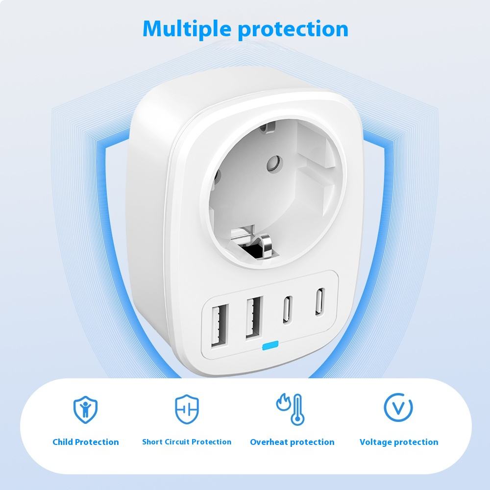 HONPNK European Standard 4-Outlet AC/DC Electric Plug Power Socket 2 USB Type C 18W PD Fast Charger EU/UK 5V/3A Fireproof