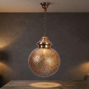 Lanterne suspendue marocaine ronde en laiton avec chaîne, finition dorée, décoration d'intérieur en métal - Product Image 2