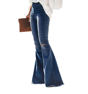Pantalones <span class=keywords><strong>Vaqueros</strong></span> de Mezclilla con Cintura Elástica y Dobladillo de <span class=keywords><strong>Campana</strong></span>, Estilo Desgastado, Moda Primavera, <span class=keywords><strong>Tallas</strong></span> <span class=keywords><strong>Grandes</strong></span> para Mujer - Product Image 3