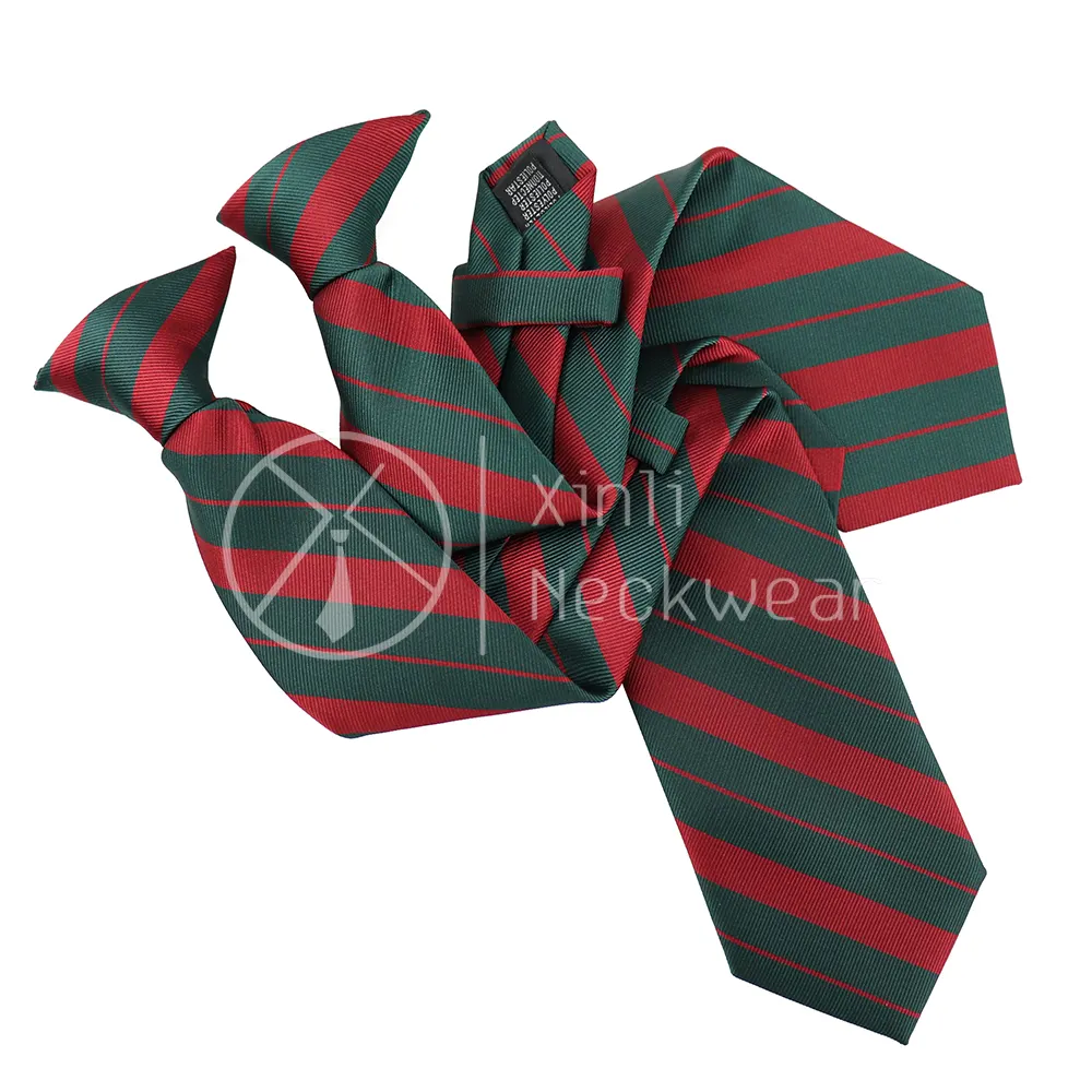Customized Sizes Dark Green Red Striped School Uniform Security Ties Polyester Cheap Price Boys Easy Wear Clip On Neck Tie