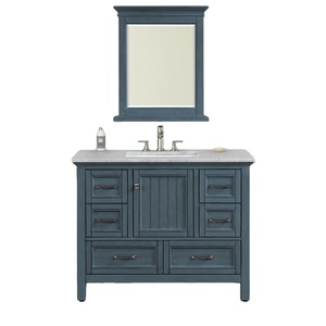 Meuble-lavabo de salle de bain de luxe en bois massif et contreplaqué, style transitionnel bleu antique, avec miroir, résistant à l'eau, fabriqué au Vietnam - Product Image 1