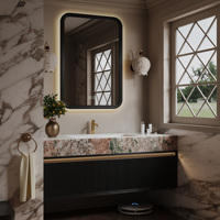 Meuble-lavabo flottant moderne à panneaux cannelés, avec vasque intégrée thermoformée, en bois massif, et armoire de salle de bain avec miroir de rangement à éclairage LED