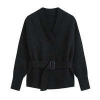 Ensemble 2 pièces PB&ZA Femme 2026 – Pull tricoté à manches longues avec ceinture et pantalon long – Tenue décontractée vintage unie pour femme