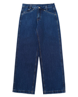 Jean en denim bleu foncé pour homme Amber Stitch, coupe ample à jambe large, cinq poches, passants de ceinture, rivets, pour usage quotidien