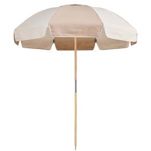 Grand parasol coupe-vent portable personnalisé de 210cm parasol de plage à bord festonné blanc français de jardin en bois vintage avec pompon - Product Image 4