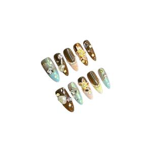 Unghie Finte Francesi Artigianali 3D Intagliate e Dipinte a Mano, Stile Europeo Americano Almond Island Nightingale, Rimovibili - Product Image 6