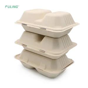 FULING pabrik mengambil wadah makanan biodegradable kertas bagasse 6 ''X 9'' Clamshell untuk pergi kotak