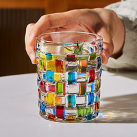 Tasse en verre tissé peinte haut de gamme, style INS, décoration d'intérieur sept couleurs, tasse en rotin tissé monocouche à carreaux