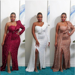 Robe de soirée longue asymétrique à sequins pour femme, manches longues, taille naturelle, robe scintillante, tenue de soirée formelle - Product Image 1