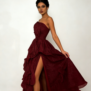 Robes pour femmes, bordeaux foncé, sans bretelles, col cœur, corsage plissé, volants superposés, fente haute, robe <span class=keywords><strong>de</strong></span> <span class=keywords><strong>soirée</strong></span> élégante <span class=keywords><strong>de</strong></span> style A - Product Image 2