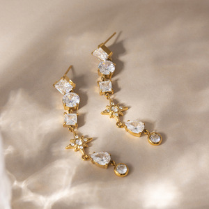 ต่างหูคริสตัลทรงหยดน้ำ ชุบทอง รูปดาวแปดแฉก ทรงหยดน้ำ ประดับขอบเพชร เครื่องประดับสำหรับงานปาร์ตี้สำหรับผู้หญิง - Product Image 4