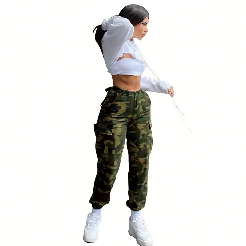 2022 hot sale women's camouflage casual pants trendy pocket camouflage cargo pants for women