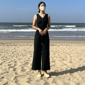 Wholesale Summer Elegant Women's Sleeveless V-Neck Full Length <b>Jumpsuit</b> with Button Front in Solid Dark Green <b>Linen</b> Fabric - Product Image 1