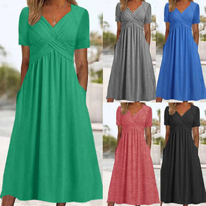 Nuovo <span class=keywords><strong>Abito</strong></span> Estivo da Donna alla Moda, Manica Corta, Tinta Unita, con Tasche, Scollo a V <span class=keywords><strong>Incrociato</strong></span>, Lunghezza <span class=keywords><strong>Midi</strong></span>, Casual - Product Image 2