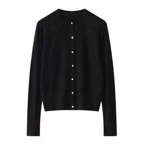 Suéter cárdigan de Color sólido de un solo pecho con cuello redondo de lana merina fina 100% para <span class=keywords><strong>mujer</strong></span> - Product Image 3