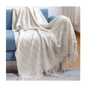 Couverture décorative en tricot crème épais et confortable avec tissage de panier texturé et frange parfaite pour canapé-chaise ou lit