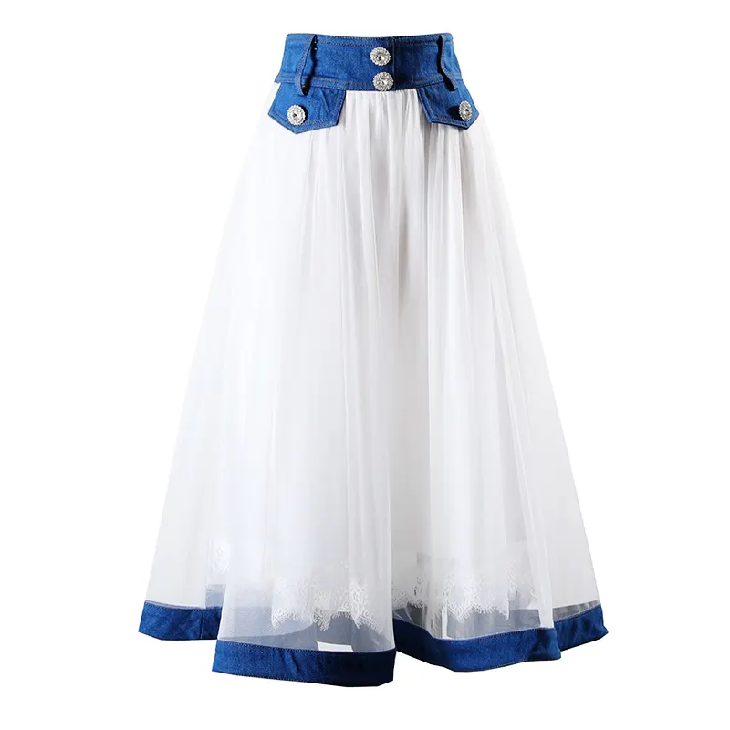 Women jean long skirts Patchwork denim Skirt 2022 Spring Autumn Gathered Waist Large Swing Style Puffy Tulle A Line Skirts