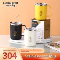 Mug à café isotherme en acier inoxydable 304 de 500 ml avec poignée et couvercle, double paroi sous vide, gobelet de voyage portable pour boissons chaudes et froides