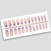 24 faux ongles à presser forme cercueil, motif léopard violet moucheté, paillettes, fleurs 3D, avec lime à ongles, vente en gros, dropshipping