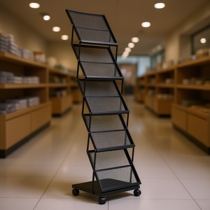 Étagère de présentation métallique pliable à 5 poches, sur pied avec roulettes, pour le rangement de magazines et de documentation en magasin, style échelle moderne - Product Image 2