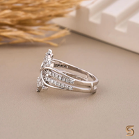 Bague ouverte de luxe moderne à double bande, motif floral, diamants de laboratoire, argent 925 plaqué rhodium, certifiée IGI, parfaite pour