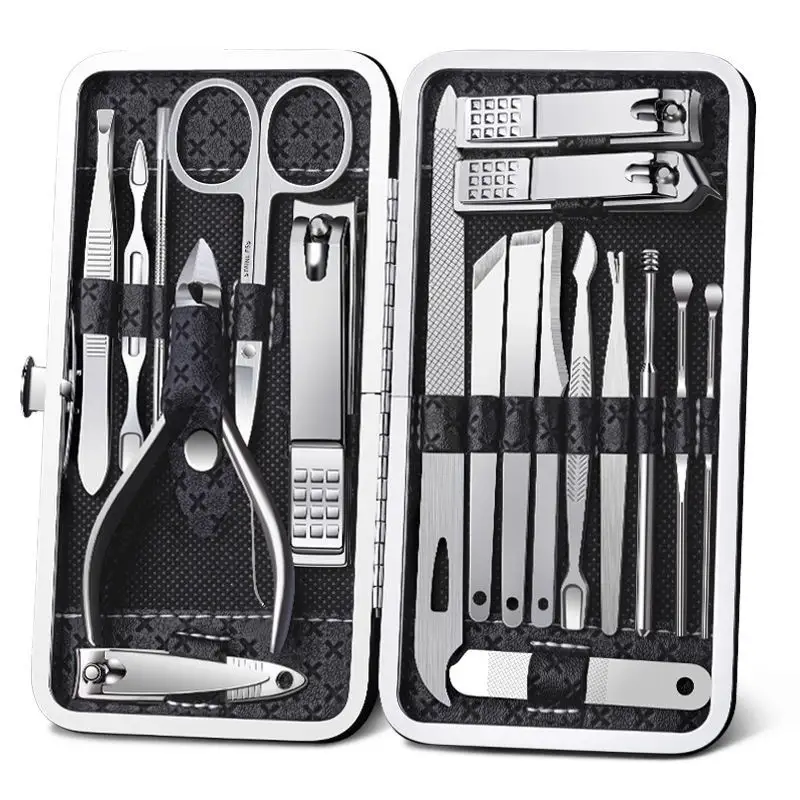 19pcs Professional Multifunctional Stainless Steel Nail Clipper Kits Portable Manicure Pedicure set with PU Bag