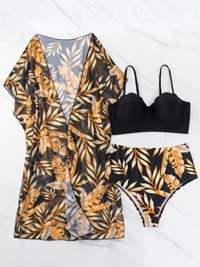 STOCK Maillot de bain Push up à armatures 5 couleurs Maillot de bain taille haute Bikini 3 pièces Kimono de plage - Product Image 3