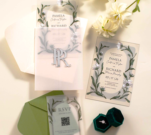 Carta di invito di nozze in acrilico trasparente con foglia verde elegante personalizzata ed elegante con nome d'argento Set di invito moderno - Product Image 2