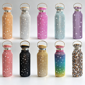 Sparkling Full Rhinestone Insulated <b>Bottle</b> 500ml Portable Stainless <b>Steel</b> Water <b>Bottle</b> With Bamboo Lid & Handle - Product Image 1