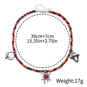 Gothic Beaded Necklace Red Black <b>Skeleton</b> Bat Spider Charm Halloween Party Jewelry Choker Chain - Product Image 5