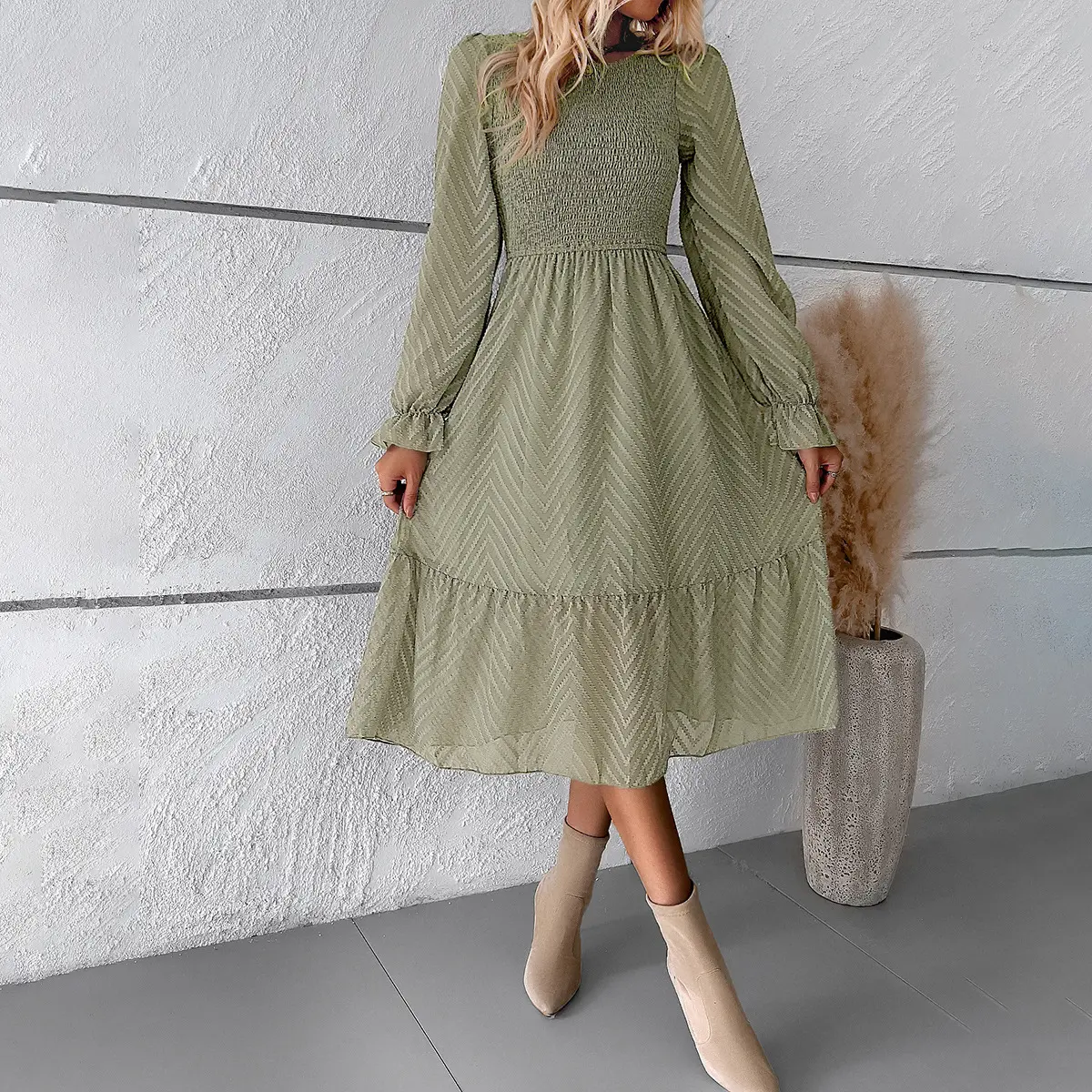 PRETTY-STEPS elbise sonbahar/kış 2024 mizaç zarif düz renk yuvarlak boyun uzun kollu uzun kollu uzun elbise