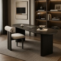 Table à manger ovale scandinave Japandi stable en chêne massif avec base sur piétement, chaises en bouclette, style Wabi Sabi, ensemble de salle à manger 6 pièces