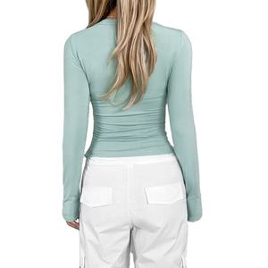 Custom <strong>Basic</strong> T-Shirt Women Cotton Scoop Neck Summer Fitted Wholesale <strong>Ladies</strong> Blank Slim <strong>Fit</strong> Printed OEM Long Sleeve T Shirt Women - Product Image 5