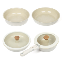 Set Peralatan Masak Keramik Anti Lengket 7 Buah Warna Krem Putih Aluminium Tempa Panci dan Wajan Gagang Lepas Bebas PFOA PFAS