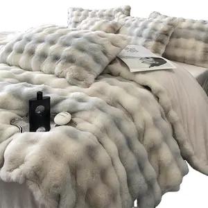सुपर फ़्लफ़ी बिस्तर सेट फॉक्स रैबिट फर टाई डाई मुद्रित डुवेट कवर शीट पिलोकेस नरम आरामदायक शीतकालीन बिस्तर सेट