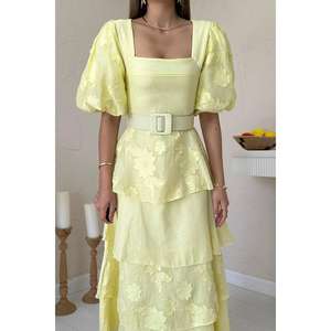 Vestido a Capas con Mangas Abullonadas Amarillo XS al por Mayor, Elegante, Vintage, Estilo Americano Africano, Informal, con Forro, para el Día de la Playa, Estilo Europeo Informal - Product Image 2