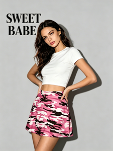 SWEET BABE <b>Pink</b> Camouflage A- Line Mini <b>Skirt</b> for Women Casual Streetwear Fashion Short <b>Skirt</b> - Product Image 1