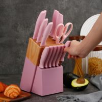 Ensemble de 13 couteaux en acier inoxydable avec bloc à couteaux en bois, multifonctionnel pour la cuisine, avec ciseaux, ensemble de couteaux de chef