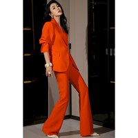 Ensemble de costume décontracté haut de gamme pour femme, pantalon évasé à taille ajustée, manches trois-quarts en fibre de polyester respirante