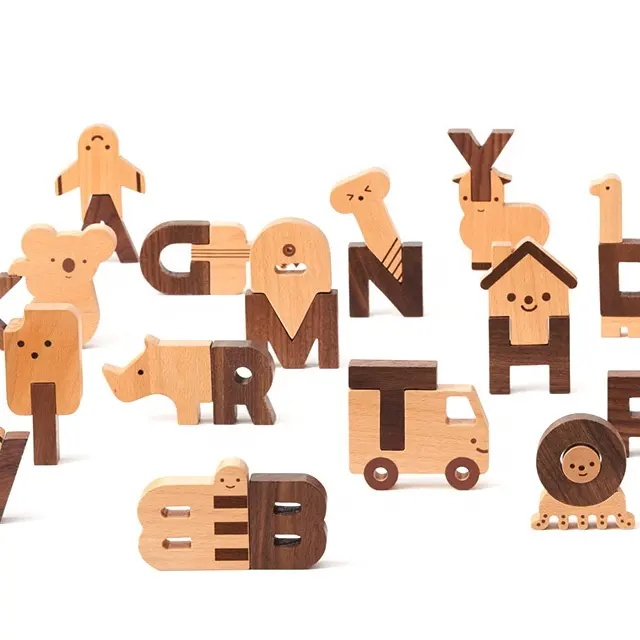 卸売塗装アルファベット動物未完成パズル木製教育玩具