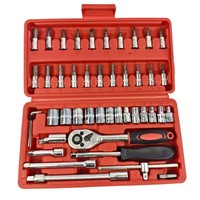 Jeu de 46 Pièces de Clés à Douille et à Cliquet avec Entraînement 1/4 Pouce, Douilles Embouts Métriques, Rallonge et Outils à Main en Coffret