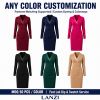 Robe crayon moulante à revers cranté en satin uni, manches longues, taille froncée croisée, longueur genou, fabrication OEM ODM, marque privée