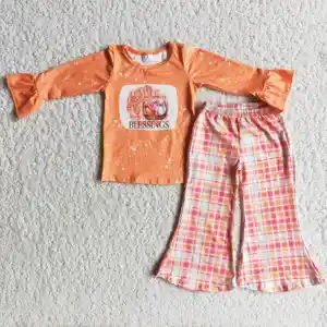 Ropa de otoño para niños, moda para niña pequeña, calabaza, manga larga, a cuadros, campana inferior, Boutique, venta al por mayor, 2021