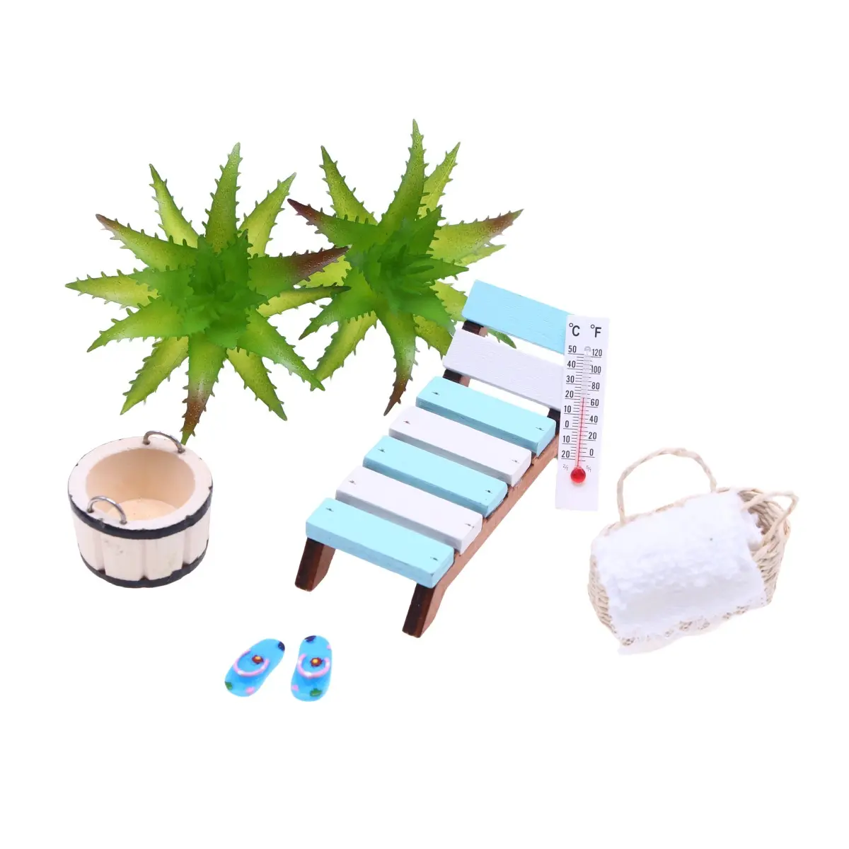 Set kursi santai Kayu Pantai Mini, aksesori miniatur rumah boneka untuk Model adegan Sauna